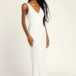 Lulu’s Simple Romance White Beaded Sequin Mermaid Maxi Dress